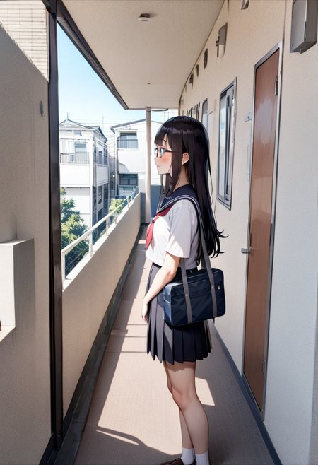 masterpiece, best quality, very aesthetic, absurdres,
1girl, glasses, black hair, long hair, school uniform, school bag, smile, blush, solo focus, standing, looking at another, 
rouka, hallway, scenery, window, building, day, sky, door, outdoors, blue sky, cityscape, city, real world location, 
 <lora:JProuka_apartment_hallway_SDXL_V1:1>