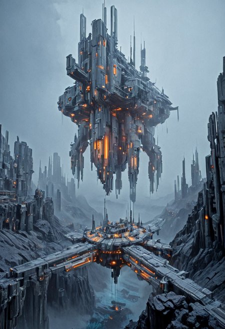 h0rr0rstyl3, CosmicStyle,  futuristic megastructure, hovering city, sci-fi fortress, massive floating platform, alien landscape, cyberpunk architecture, industrial science fiction, dark rocky terrain, advanced technology, monumental structure, atmospheric mist, hovering above canyon, vertical sci-fi towers, dystopian environment, metallic textures, cold color palette, dramatic perspective, glowing orange lights, high-tech civilization, surreal sci-fi world, mechanical infrastructure, colossal scale, eerie futuristic mood, alien planet setting, futuristic defense outpost, heavy machinery, floating sci-fi architecture, otherworldly engineering, robotic design, science fiction scenery