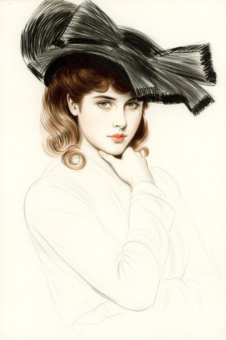 paulcesarhelleu1 illustration. 
Sketch of a young woman with wavy brown hair, wearing a large, elaborate hat with ribbons. She gazes directly at the viewer with a confident expression, with her hand resting on her chin.
 <lora:paulcesarhelleu1_cap_d6a3e11:0.8><lora:844395497004216096:0>