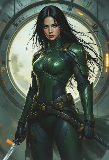 A highly detailed digital painting of a fierce female warrior with long, flowing black hair, wearing a form-fitting green combat suit with armored details. She wields a katana, holding it above her shoulder in a battle-ready stance. Her intense gaze and sharp facial features exude confidence and determination. The background features a futuristic metallic circular doorway with a glowing light source behind her, casting a dramatic glow on her figure. The art style blends semi-realism with comic book aesthetics, emphasizing smooth shading, vibrant lighting, and dynamic character design