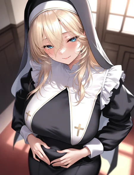 1girl, solo, long hair, breasts, looking at viewer, blush, blue eyes, large breasts, blonde hair, long sleeves, dress, frills, indoors, mole, black dress, mole under eye, veil, long bangs, nun, habit, traditional nun
closed-up, seductive smile, hands on stomach, facing viewer, from above, 
masterpiece, absurdres,
 <lora:ppsn_V1:1>