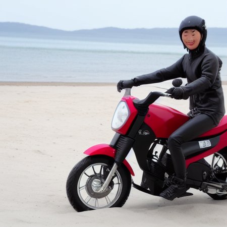 Asianmix, riding a motor bike on a beach.