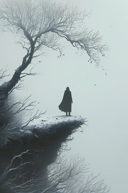 A solitary figure standing on the edge of a cliff or elevated landform. The figure is silhouetted against a misty, white background, making them appear as a dark silhouette. To the right of the figure, there's a leafless tree with intricate branches, also in silhouette. The tree's branches extend outwards, almost resembling tentacles or arms. The ground beneath the figure and tree appears to be covered in snow or frost, and the overall mood of the image is serene, mysterious, and somewhat melancholic.