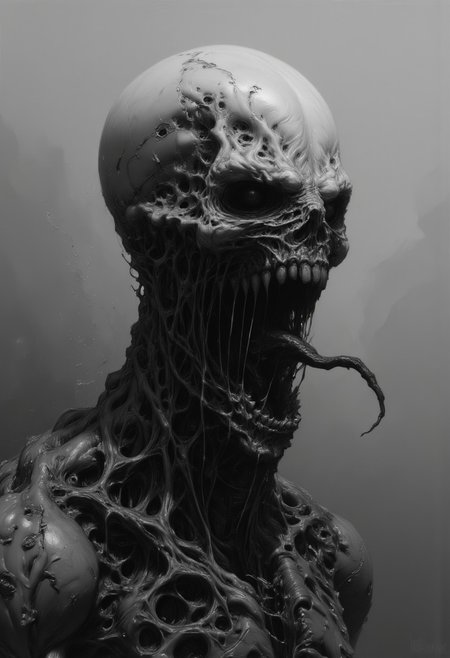 highly detailed digital artwork of a skeletal skull with a grotesque, open-mouthed scream, exuding dark, smoky tendrils. The skull, rendered in shades of gray and black, appears to be disintegrating. The background is a muted, foggy gray, enhancing the horrifying and eerie atmosphere. The image is a close-up, capturing the skull from the front and slightly to the side angle.