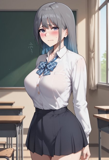 score_9, score_8_up, score_7_up, 1girl, solo, artel, large breasts, multiple hair color, looking at viewer, embarrassed, blush, indoor, classroom, white school uniform,  short skirt