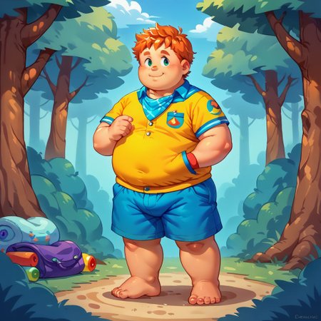 score_9, score_8_up, score_7_up, source_anime, fat, fat arms, fat legs, chubby cheeks, freackles, wearing a boyscout uniform, wearing shorts, wearing boy scout shirt, unbuttoned, wearing neckerchief, standing, summer camp background, 1boy, solo, forest background, happy mood, young, ginger hair, messy hair,  barefoot, chibfurri, five toes, cub.
