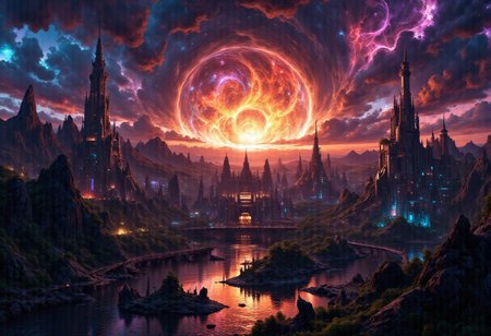 a cool image of an impossible landspace with some nice depth of field and dramatic colors <lora:afkArenaFlux:1> 2d,  afkArenaStyle style