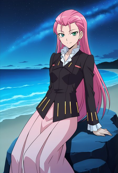 masterpiece,best quality,amazing quality,

solo,

Esuka Hibino (Cardfight Vanguard), long hair, pink hair, hair slicked back, hair down, green eyes, formal, long sleeves, earrings, jewelry, jacket, long skirt, pink skirt, 

looking at viewer, smile, 

lying, Leaning back on rock,

cinematic, 

bloom, night, at beach, starry sky, galaxy sky, glowing blue ocean waves,  blue light, detailed shadow,

Official style, anime screencap, anime coloring, 

















