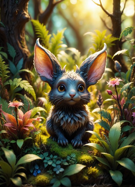 hyper detailed, tilt-shift effect, miniature world, selective focus Closely framed shot, soft focus, warm ambient light, whimsical composition featuring a peculiar, adorable, yet bizarre, fluffy creature with oversized ears, twitching whiskers, and endearing gaze, nestled amongst vibrant flora in an enchanted forest glade. Its strange appearance sparks wonder and delight, inviting viewer curiosity. silhouette art, bold shapes, negative space compositions