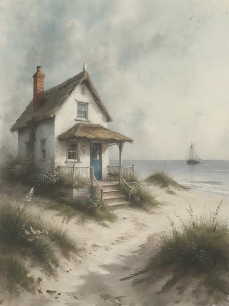 A captivating illustration of a quaint little seaside house, exuding warmth and hospitality. The thatched-roof cottage, built of wooden beams, sits on a sandy shore, A cozy porch features a swing, perfect for relaxing while enjoying the sea breeze. The calm sea reflects the sky's gentle hues, and a picturesque lighthouse stands proudly in the distance, guiding ships through the night. The carefully crafted font of the guest book adds a touch of elegance, inviting visitors to leave their mark. This charming scene exudes a serene atmosphere, making it an irresistible destination for relaxation and adventure.,  illustration,  <lora:Desolation:0.6>
