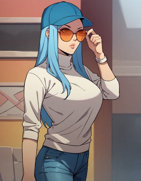 score_9, score_8_up, score_7_up, 1girl, solo, turtleneck, turtleneck sweater,  jeans, tall female, standing, baseball cap, sunglasses, cowboy shot, sweater, tinted eyewear, 
 <lora:t0miekatana:1> t0mie, blue hair,