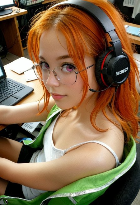 Close up shot, 18 year old, Sakura_Futaba, dark pink eyes, big round eyes glasses, big headphones, (orange hair, flat chests, skinny, white fair skin:1.4)((Photo Focus, DOF, Aperture, insanely detailed and intricate, character, hypermaximalist, beautiful, exotic, revealing, appealing, attractive, amative, hyper realistic, super detailed, (lens flare:1.1)))  <lora:more_details:0.5> <lora:exposure_control_v10:-0.2>  (at the computer room:1.5), (black sport high shorts shorts, white spaghetti tank top, green sport jacket:1.3) <lora:people_count_slider_v1:3>  <lora:Microshorts5-AOM3A1:1> conceptc, messy look, downblouse, breasts view from behind, from behind, from above,pov, breasts, cleavage