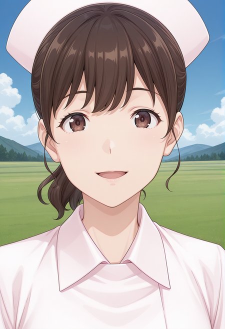 tantei1_kangofu, brown eyes, brown hair, ponytail, mature female, nurse cap, nurse, white dress, <lora:tantei1_kangofu_illustrious_ver1:0.8> 
smile,, masterpiece, best quality, sensitive,, 1girl, solo, blue sky, (grasslands:1.2), looking at viewer,, (upper body:1.2), (close-up:1.2), (facing viewer:1.2), (open eyes:1.4), (portrait:1.2)