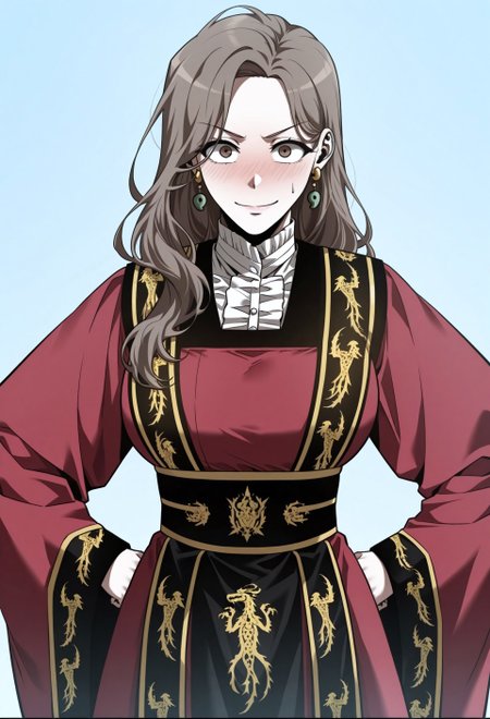 masterpiece, best quality, amazing quality, absurdres, 

M1n_J1w0n, 1girl, solo, brown hair, long hair, wavy hair, brown eyes, large breasts, earrings, jewelry, stud earrings, magatama earrings, korean clothes, red hanbok, long sleeves, wide sleeves, white shirt, white high collar, black sash, golden dragon print sash, chima (clothes), 

smile, standing, hands on the hips, cowboy shot, looking at viewer, blush, simple background, blue background, closed mouth,