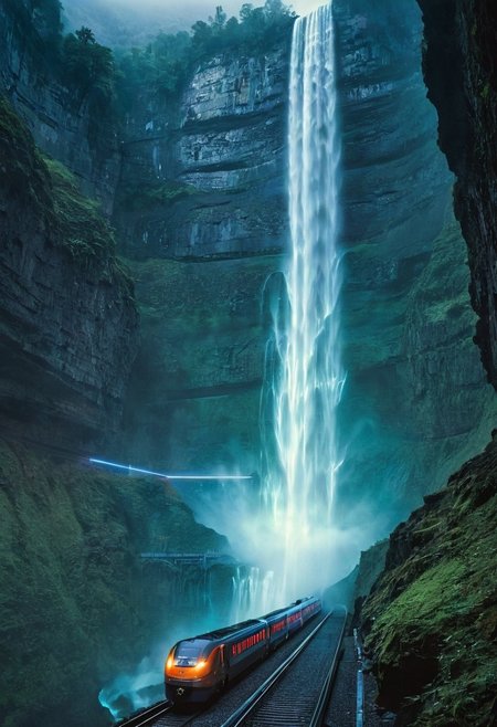 .WATERFALL, MIST. MILKYWAY. 
HIGH-SPEED FLYING TRAIN, LIGHT TRAILS., 
MIRROR REFLECTION, VIBRANT COLORS, WATER FILLED,  DEEP VALLEYSHUGE WATERFALLS FROM CLIFF.Blade Runner ambience, cyberpunk ambient music, sci-fi ambience, relaxing cyberpunk music, focus soundscapes, focus ambience.