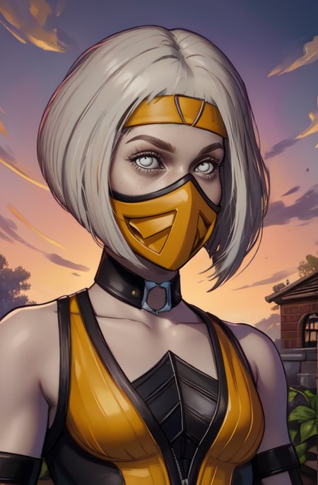 Kmeleon,white eyes, white hair,  white eyes, bob cut, 
headband, mouth mask,  looking at viewer, 
yellow bodysuit,  elbow gloves,  
standing, upper body,  
garden, mortal kombat,  
(best quality, masterpiece, perfect face, beautiful and aesthetic:1.2, colorful, highest detailed face),solo, <lora:Khameleon:0.8>