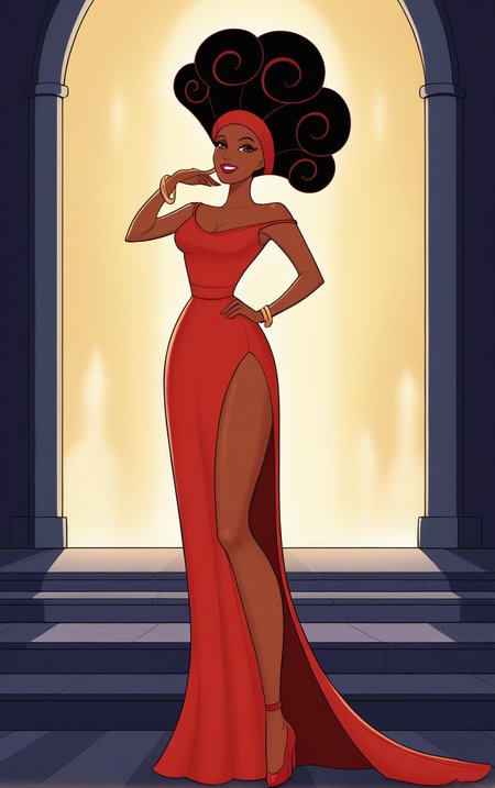 score_9, score_8_up, score_7_up, looking at viewer,  BREAK  
RedDress_Muse_Calliope_ownwaifu, 
1girl, afro, big hair, breasts, brown eyes, brown hair, curly hair, dark skin, dark-skinned female, eyeshadow, hair up, hairband, lips, long hair, makeup, very dark skin, lipstick, medium breasts, colored skin, 
red dress,  red headband, bare shoulders, cape, cleavage, sleeveless dress, strap slip, bracelet, long dress, off shoulder, side slit, long legs, narrow waist, 
(standing, ojou-sama pose), gothic cathedral in background, night sky, moonlight, bokeh, outdoors, <lora:PONYXL_Hercules_Muse_Calliope_ownwaifu:0.7>, depth of field, solo,