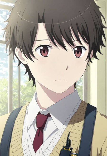 high resolution, solo, best quality, 1Boy, Inaho Kaizuka, Black Hair, Brown Eyes, school, school uniform, OverallDetail