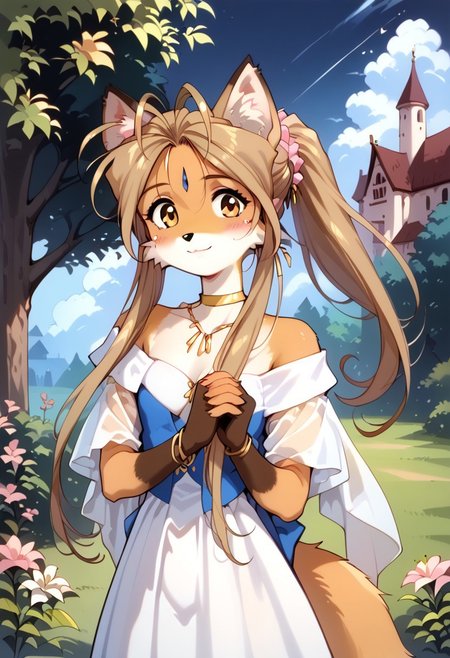 masterpiece, best quality, very detailed,score_9, score_8_up, score_7_up, source_anime, 1girl, solo, looking at viewer, Belldandy, Belldandy as a fox, long fox ears, with ear fluff, animal nose, dirty blonde hair color,long hair, fox tail, golden eyes, with cheek fluff, round face, (hand pose, standing:1.2), adorable, youthful appearance, cute bodytype, small body, petite body, flat chest, cute, toon, petite, small, cute, toon, petite, small, cute petite, small torso, petite, looking at viewer, flirty facial expression, dress, jewelry, earrings, bracelet, cleavage, blue dress, white dress, fingerless gloves, dethatched wings, dethatched angel wings, choker, collarbone, bare shoulders, gold choker, strapless, shawl, gold trim, wind lift, outdoors, garden, low light, dramatic lighting, night, bush, large stone castle in background, contrapposto, legs apart, standing, hip focus, cowboy shot, grass, flower, pink flower, light smile, closed mouth, stain remover, hair ornament, flower, lily, solo, haplogroup D1a1a1, high quality, masterpiece, portrait, Hmong, Expressive,  retro art style, Vintage, 1990s \(style\) (female anthro: 1.2), <Anthro Fox Lora for Pony:0.6>, <lora:princess_xl_v2:0.75 > <lora:OldAnimeStyle_XL_v3:0.5> <lora:Expressive_H:1>