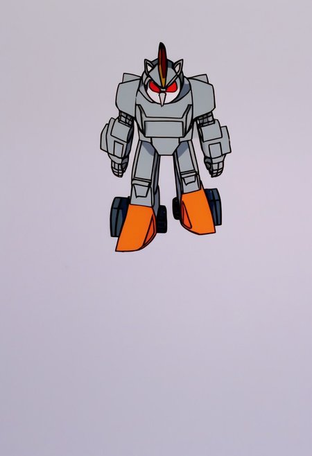 MechaMk1, 1boy, no humans, robot, mecha, robotic version of Sonic, bulky silver gray exoskeleton, bright orange feet, single glowing eye, several rotating blades on the back of head heavily armored body, blocky silver gray exterior while the black endoskeleton is visible from the back, red eye, black sclera, colored sclera, solo, full body, standing, Transformers, Animation, <lora:Transformers 86 FT:1>