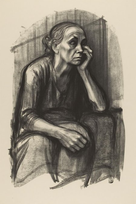 kako1 black and white charcoal drawing. An evocative crayon lithograph in the style of Käthe Kollwitz, depicting an elderly woman in a moment of deep sorrow and introspection. The figure sits hunched, with a tired and grieving expression, her head resting against her hand. The sketch is rendered in expressive black and gray tones, with raw, textured strokes that emphasize the weight of her emotions and the somber atmosphere. The background is minimal and shadowed, drawing focus to the figure and her emotional vulnerability. The composition reflects themes of loss, mortality, and human fragility, conveying a haunting yet deeply empathetic narrative. <lora:kako1_litho_nocap_d6a3:1.0><lora:814760059453177259:0>
