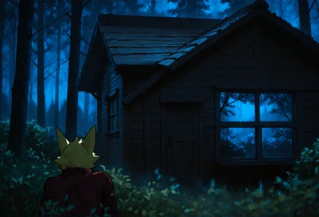 n4tdat_naiv, painterly, photo background,  from behind,  1boy, (aged up:1.5), furry, solo, yellow dog man, two-toned fur, pointy ears, yellow ears, hiding in bush, peeking out, dark red bomber jacket, looking at house,
dark forest, bush, leaves, hedge, tree, night, log cabin, blue glow, haze, heavy fog, ((dark)), light rays, broken glass,
masterpiece, best quality, very aesthetic, high quality, newest, very awa, crisp, detailed skin texture,  <lora:n4tdat_naiv_b02:0.85> <lora:ponyv6_noobV1_2_adamW:0.75> <lora:NOOB_vp1_detailer_by_volnovik_v1:1>  <lora:noobai_vpred_1_niji_composite:1>