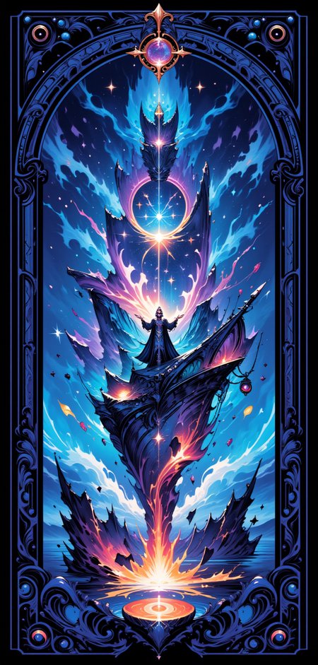 A stylized Tarot card titled 'The Starbound Navigator,' featuring a majestic, futuristic galleon soaring through a galaxy of swirling nebulae and shimmering stars. The galleon, inspired by the legendary 'Lisette,' is adorned with bioluminescent sails and a hull encrusted with crystalline constellations. At the helm, the figure of 'The Navigator' stands tall, cloaked in a robe of shifting cosmic colors, holding a glowing compass that projects a map of the stars. The card's border is intricately designed with ancient nautical symbols intertwined with glowing circuitry, pulsating with a soft, ethereal light. The overall scene is awash in deep blues, purples, and silvers, evoking a sense of cosmic exploration and the pursuit of the unknown.
<lora:abstract_render_flux:0.4>,<lora:Painted_World_Flux:0.8>,<lora:Dreamwave_FLUX:0.6>,<lora:dreamlands_flux:0.6>,