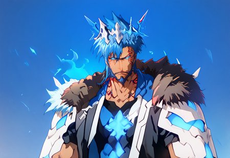 Cast_Q, Casual_Q _Jacket, Casual_Q male, blue short wild hair, goatee, serious, muscular, anime, cyberpunk, blue mechanical eyes, Bara(may be needed), ((cowboy shot)), strong facial features, scruffy beard, blue hair, short wild hair, bleach_tybw_style, glowing crown:0.7, ({blue} light):1.6, full body, score_9, score_8_up, score_7_up, score_6_up, concept art score_9,score_8_up,score_7_up,score_6_up,((hollowfication)),blue theme,
