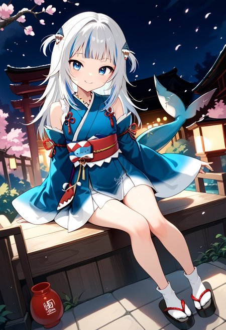 score_9, score_8_up, score_7_up, source_anime, beautiful detailed face, BREAK, GAWR GURA, 
1girl, solo, looking at viewer, blush, smile, bangs, blue eyes,hair ornament, blue hair, tail, full body, grey hair, multicolored hair, detached sleeves, japanese clothes, virtual youtuber, kimono, two side up, streaked hair, sleeves past wrists, obi, sandals, tabi, fish tail, shark tail, shark girl, gawr gura