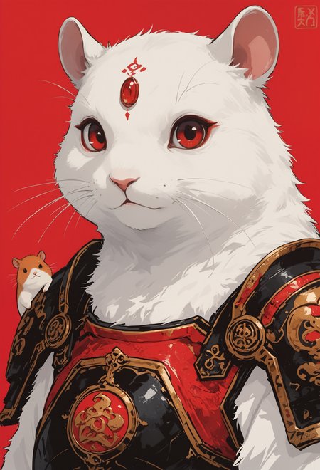 masterpiece, best quality, newest, highres, absurdres,focused subject,no lineart, no outline, solo, looking at viewer, red eyes, 1boy, closed mouth, armor, no humans, animal, shoulder armor, portrait, red background, close-up, white fur, forehead jewel, whiskers, hamster, art deco, fine art,painterly,close up, in the style of cksc,flatline,