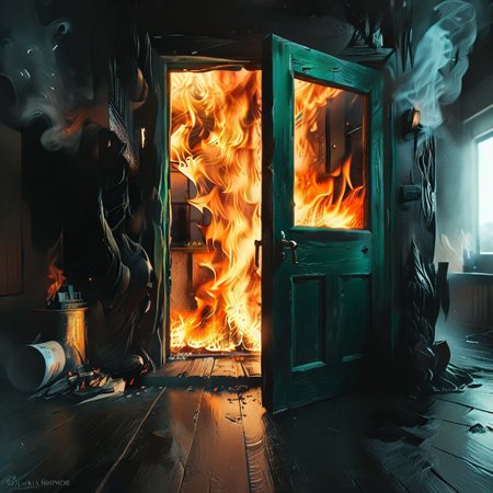 <lora:flame silhouette:1>,  <lora:flame:1>, flame,
burning office green door, office,
graphic style of novel comics, perfect hands, 2d,
8k, hyperrealism, masterpiece, high resolution, best quality, ultra-detailed, super realistic, Hyperrealistic art, high-quality, ultra high res, highest detailed, lot of details, Extremely high-resolution details, incredibly lifelike, colourful, soft cinematic light,