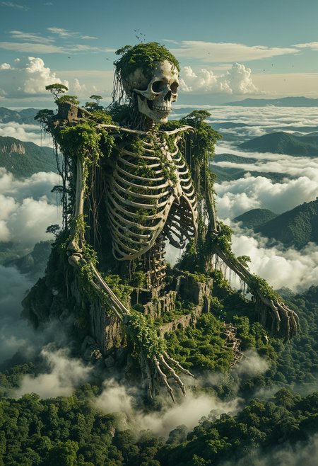 vast and lush landscape, a colossal skeletal structure stands towering above the clouds, ancient giant skeleton overgrown with dense vegetation, its ribcage and spine and skull are intricately entwined with vines and trees, embedded within its bones are remnants of ancient buildings, their architecture is long-lost civilization, Below the expansive forest stretches out contrasting the mist, nature and history, The bright blue sky, surreal beauty, monumental scene, <lora:MJ52:0.4>, <lora:add-detail-xl:1>