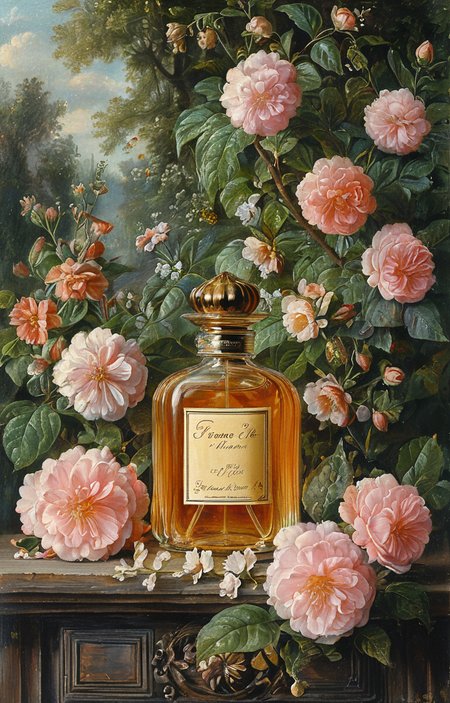 masterpiece,best quality,<lora:tbh206-sdxl:0.9>,illustration,style of Francesco Albani A bottle of perfume in garden
