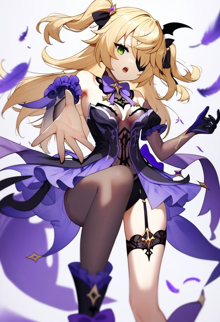 score_9, score_8_up, score_7_up, score_6_up, <lora:DPOXL:1> <lora:scottieXL_JS2_lokr_V1225:1> 1girl, fischl \(genshin impact\), solo, eyepatch, blonde hair, thighhighs, green eyes, single glove, breasts, long hair, two side up, gloves, open mouth, garter straps, bow, looking at viewer, black nails, high heels, purple bow, single leg pantyhose, boots, bowtie, dress, black gloves, medium breasts, black thighhighs, bare shoulders, single thighhigh, nail polish, feathers, purple bowtie, bangs, small breasts, outstretched arm, hair ribbon, white background, elbow gloves