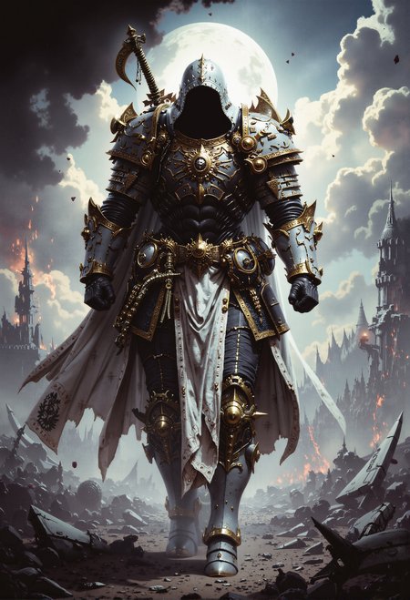 analog film photo . A towering, high-ranking BlackT40k hero stands amidst the devastation of battle, his face shadowed beneath a white hood adorned with intricate gold and black embellishments. A long, regal white cloak with matching gold-black detailing flows majestically behind him as he strides forward, the embodiment of warlike grace and power. In each hand, he wields a beautifully ornate katana, their polished blades catching the light with a razor-sharp gleam. The katanas' hilts are intricately carved, covered in ancient runes and sacred symbols, reflecting his unrivaled status and combat mastery. His face, shrouded in shadow beneath the hood, adds a mystique that enhances his commanding presence. The scene, captured in a hyper-realistic, photographic style, features heroic backlighting, casting him in a near-holy glow. The radiant light from the horizon illuminates the billowing cloak and his armor, with the faint embers of the battlefield framing the figure. Shot from a low angle, the composition glorifies his power and authority, while the contrast of light and shadow intensifies the awe-inspiring aura surrounding him. . grimdark, mythp0rt, FredFraiStyle <lora:- Flux1 - vanta_black_V1.0.safetensors:0.5>,  <lora:FluxMythP0rtr4itStyle.safetensors:0.76>,  <lora:FredFraiStyle-FLUX-Share.safetensors:0.75>,  <lora:Warhammer_Rogue_Trader_Style_flux-000021.safetensors:0.5>,   <lora:ARTifacts.safetensors:0.5>,  <lora:Movie_Portrait.safetensors:0.5>,  <lora:m100-style_v.02.safetensors:0.25>,  <lora:frazetta_flux_v2-000150.safetensors:0.5>,   . faded film, desaturated, 35mm photo, grainy, vignette, vintage, Kodachrome, Lomography, stained, highly detailed, found footage