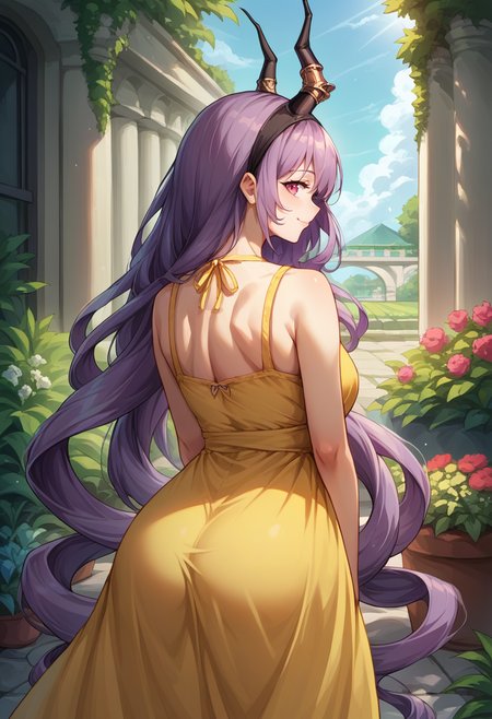 score_9, score_8_up, source_anime, 1girl, solo, TyphonArknights, very long hair, drill hair, black hairband, horns, from behind, yellow sundress, garden, day, sunshine, smile, looking back, <lora:ChamTyphonPonyXL:1>