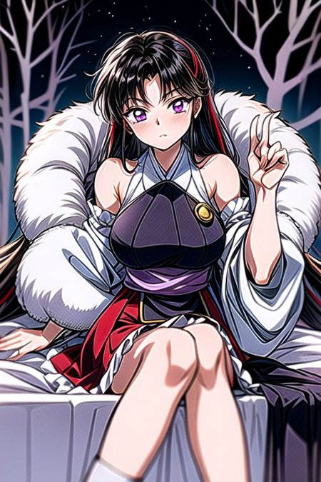 masterpiece,  best quality 1girl Setsun4 solo long hair,  (night time) forest background black hair very long hair purple eyes multicolored hair armor (fur trim) (medium body),<lora:EMS-179-EMS:0.800000>,<lora:EMS-293862-EMS:0.800000>ascot, bare shoulders, black footwear, detached sleeves, embellished costume, frills, japanese clothes, nontraditional miko, red skirt, sandals, sarashi, skirt, socks, white sleeves, white socks, wide sleeves, yellow ascot, zouri, armor, miko