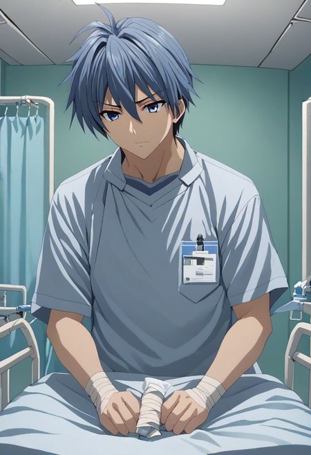 high resolution, solo, best quality, 1Boy, Tomoya Okazaki, Grey Blue Hair, bandage, patient, hospital, OverallDetail