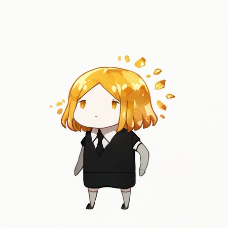 score_9, score_7_up, <break> chibi, simple background, white background, full body, solo, 1other, hskylw, expressionless, standing, medium hair, crystal hair, dot eyes, white skin, black shirt, puffy short sleeves, collared shirt, black necktie, elbow gloves, grey gloves, black shorts, grey thighhighs, black footwear