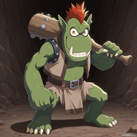  2d, solo, male, Goblimon, humanoid, digimon (creature), red hair, orange eyes, teeth, mohawk, green skin, pointy ears, large fangs, claws, toe claws, single ear piercing, sleeveless, light brown vest, open vest, belt, light brown loincloth, 

BREAK grinning, holding wooden club, standing, full body, looking at viewer,

BREAK best quality, amazing quality, very aesthetic, absurdres, newest, masterpiece, high quality