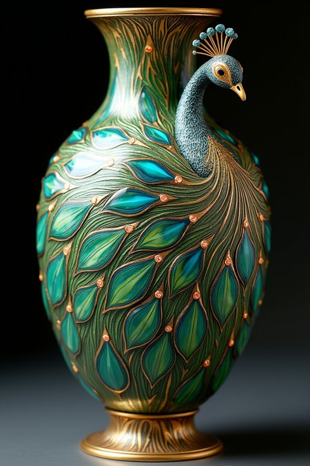 A luxurious, hand-crafted Art Nouveau vase in the shape of a peacock, with vibrant enamel and gold detailing. Each feather is finely etched and painted in shimmering greens and blues, the sharp lines contrasting with the smooth curves of the vase. Gems are embedded into the design, catching and reflecting light, while the delicate craftsmanship of the vase captures every elegant detail.