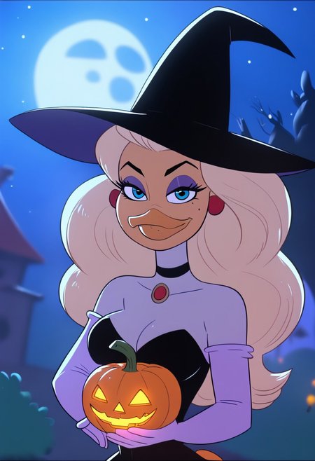 Goldie, big hair, beak, bird girl, solo, blonde hair,bird  girl,blue eyes, long hair,beak,1girl, witch hat, hat, jewelry, breasts, jack-o'-lantern, bat \(animal\), cleavage, moon, solo, halloween, necklace, witch,blonde hair, night, long hair, tree, full moon, pumpkin,blue eyes,blue eyes, looking at viewer, bare tree, lips, outdoors, black headwear, medium breasts, makeup, upper body, sky, mole,mole under eye, night sky 
score_9, score_8_up, score_7_up, score_6_up <lora:GoldieRockaPony1.0:0.8>