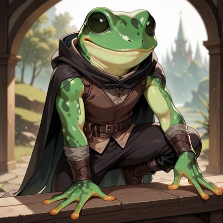 masterpiece, best quality, amazing quality, very aesthetic, solo,
grungrace, anthro frog,
1 boy, male focus, green skin, black cape, brown vest, black pants,
looking at the viewer, posing, 
blurred background, fantasy background,