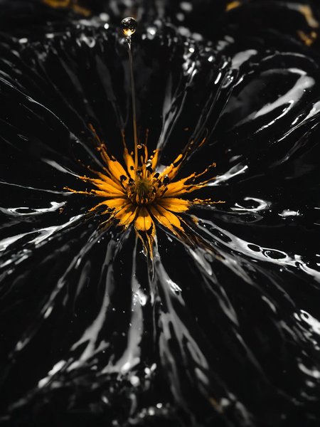 A macro photograph of a flower where the petals and stem are made of black goo, the droplets catching the light to reveal hidden colors within, shot with a macro lens on a Fujifilm GFX 100 <lora:Black_Goo:0.8>  <lora:EnvyBetterHiresFixXL01:0:hr=1>