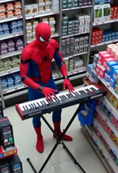 security camera footage of spider-man playing an electric keyboard on a stand in a convenience store StoreCCTV