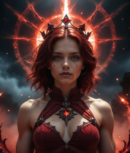 EZRealPONYXL, dynamic action, dark-skinned female, adult, Angelique is a short woman with Short and Messy Hair with Tapered Sides asymmetrical hair,  <lora:muscularfe:1> muscular, BREAK Style-GravityMagic, portrait, looking away, solo,  (full body:0.6), detailed background, detailed face,  eyes ablaze with dark power,    blood witch, scarlet  clothes,  crimson crown, casting spell, intense gaze, red arcane runes floating in the air, floating particles, blood droplets, particle effects, scarlet color scheme, blood sacrifice, stream of blood, (red flowers:0.7), in background, mysterious scarlet power, darkness, symmetrical composition, cinematic atmosphere,
