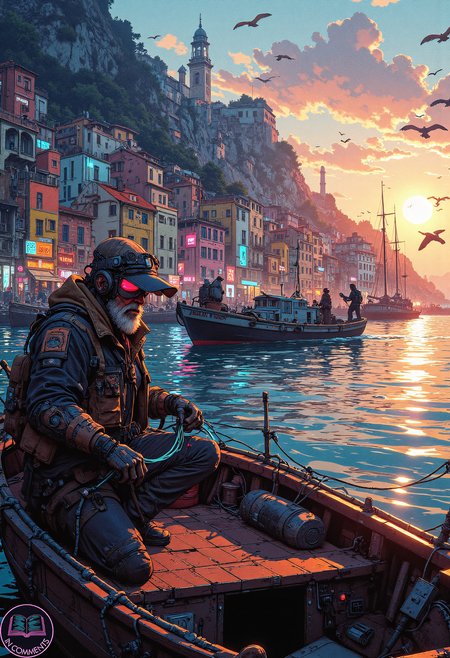 A digital illustration of a small fishing boat departing at dawn from the harbor of a cyberpunk town inspired by the Italian coastline of Cinque Terre. The boat is piloted by an older fisherman with a rugged face, his cybernetic arm glowing faintly in the early morning mist. A teenage apprentice, wearing a sleek augmented reality visor, is coiling glowing fishing lines on the deck. The harbor is lined with colorful, weathered buildings illuminated by dim neon signs and holographic advertisements reflecting softly on the rippling water. The rising sun casts a warm glow, blending beautifully with the cool tones of the cyberpunk aesthetic. Seagulls with glowing feathers circle above, adding to the serene and futuristic atmosphere of the early morning scene.