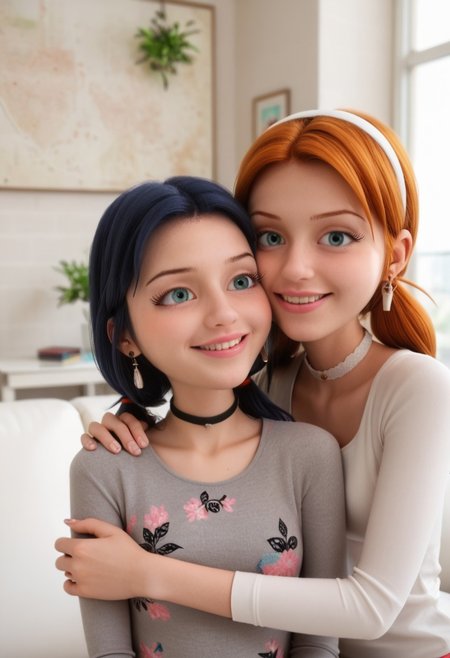 score_9, score_8_up, score_7_up, score_6_up, 
2girls, sitting together, on a couch, (leaning against each other, head on shoulder, cheek to cheek:1.4),
1girl, Sabrina Raincomprix, long hair, orange hair, green eyes, fair skin, earrings, white blouse, choker, 
1girl, Marinette Dupain-Cheng, long hair, bright bluebell eyes, black hair, twin tails, earrings, red blouse, choker, 
perfect eyes, real skin, amateur, photo, solo, perfect face, perfect eyes, sexy, beautiful eyes, petite body, 
masterpiece, best quality, amazing quality, 
heavy blush, thick dark eyelashes, tiny body,
(skinny girl), on a couch, family home, living room, wall pictures, plants,
blurry background, lot of people in background, shy expression, depth of field, volumetric lighting, biting lips, vibrant colors, intricate details, 
smiling, teeth, arms crossed, close up on face, real skin,