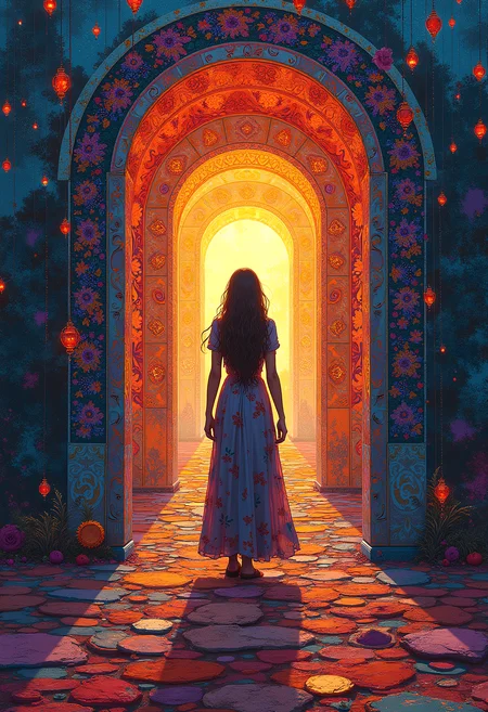Digital Impasto Painting, A woman stands before a huge portal with mandla patterns, vibrant colors, extreme details, 4k, 8k