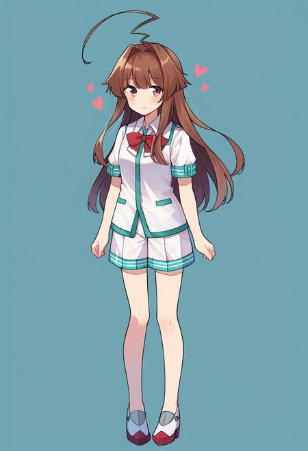 score_9, score_8, score_7, source_anime, kuma (kancolle), standing, ribbon, white shirt, heart, white shorts, full body, skirt, pleated skirt, short sleeves